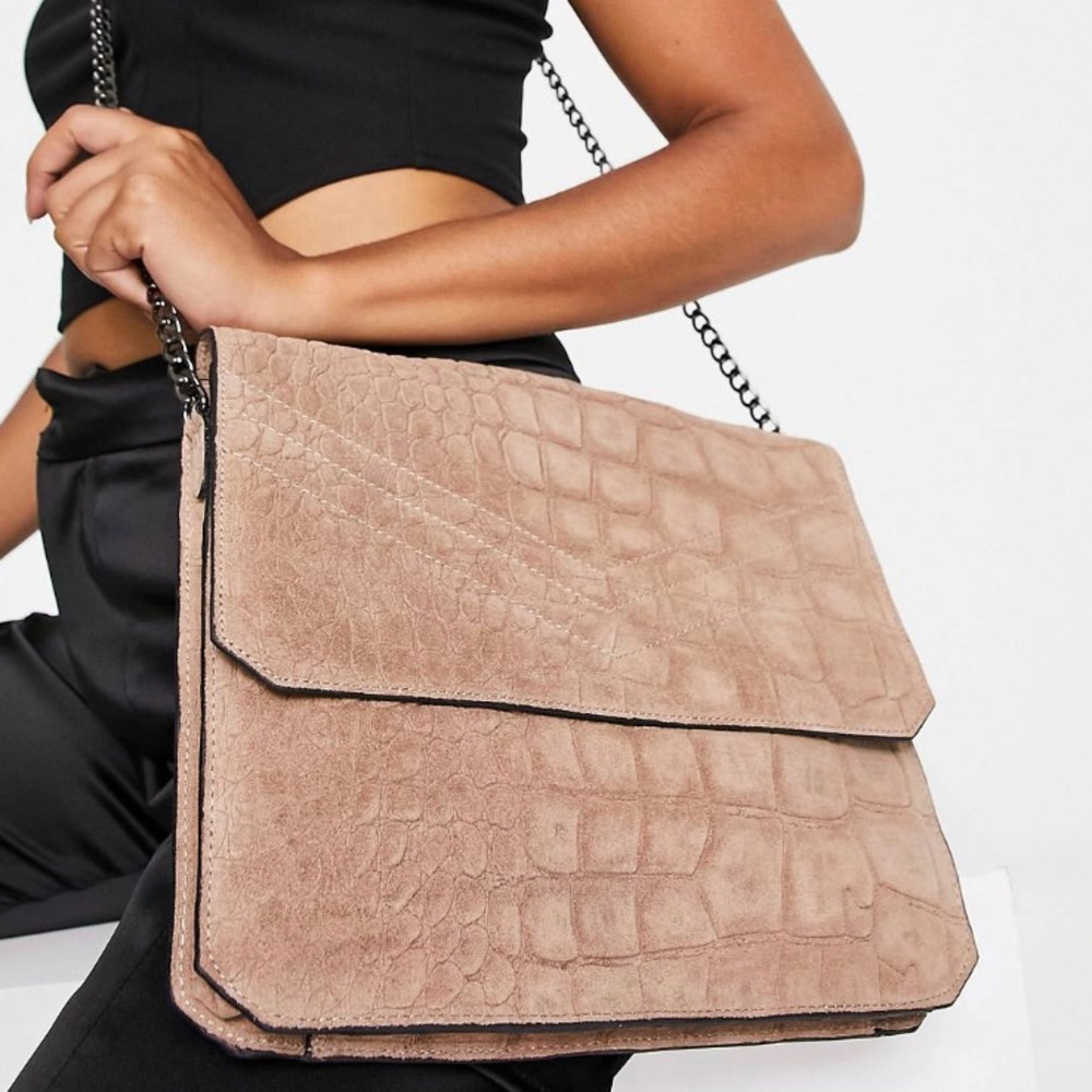Urban code leather suede croc crossbody bag - taupe